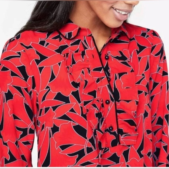 Ann Taylor Floral Ruffle Shirtdress in Night Sky Sz Small - Picture 2 of 11